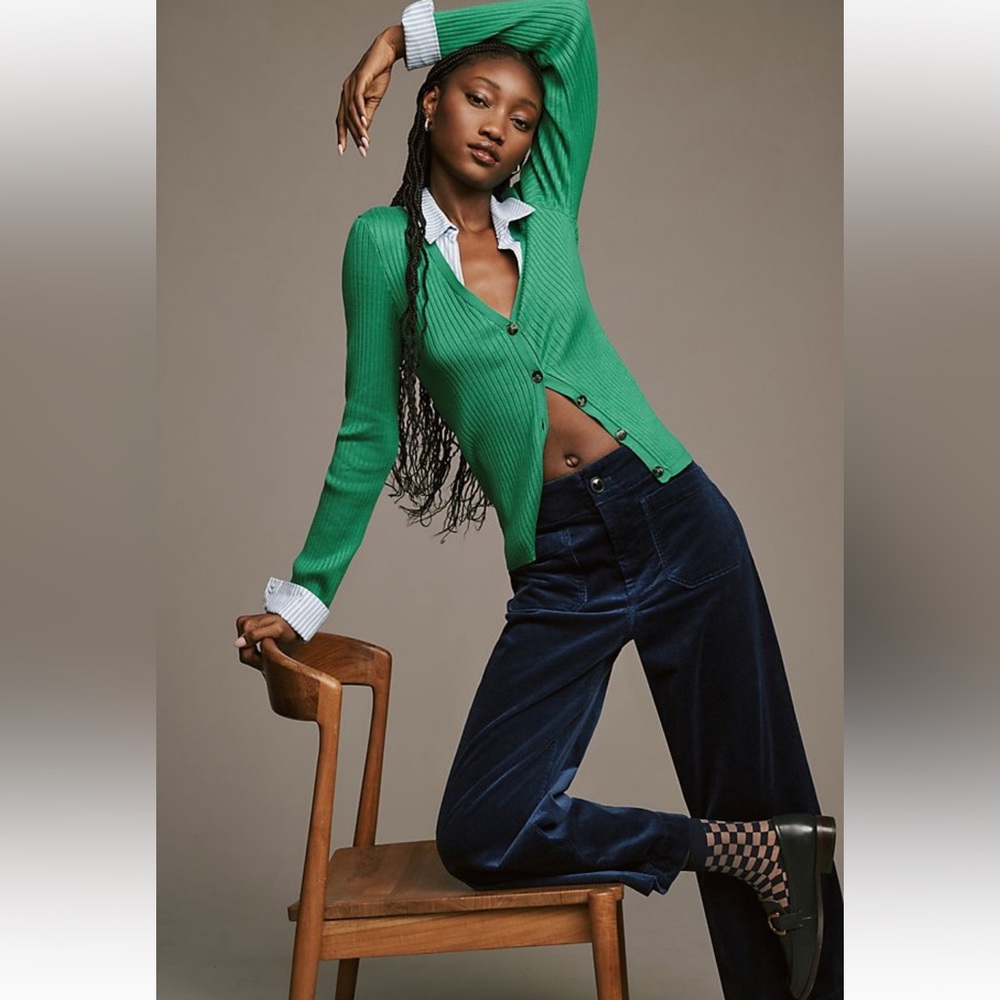 Anthropologie Green Ribbed V-Neck Button Cardigan